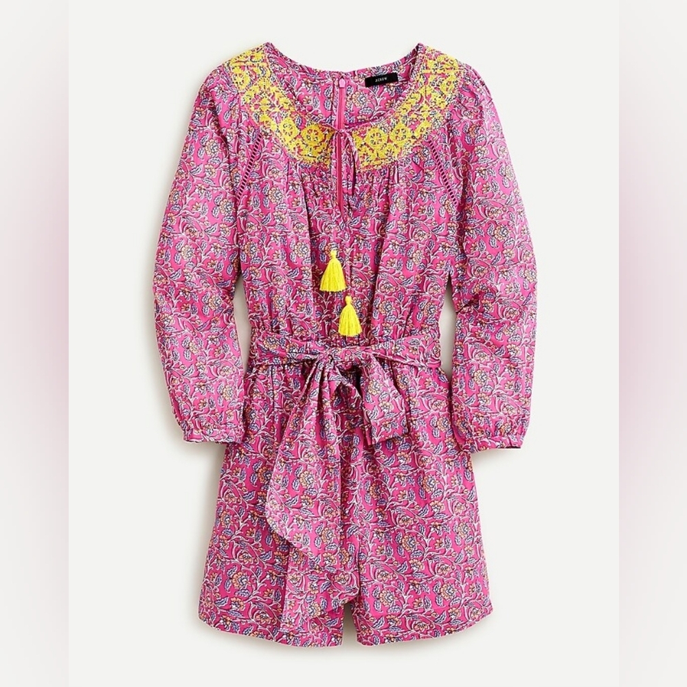J.Crew Embroidered Romper in Pink Vines Block Print- Size 2- NWT